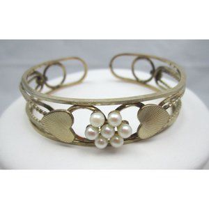 Vintage Estate 12k 1/20 Gold filled Pearl Heart Bracelet Cuff Hallmark Arrow CA